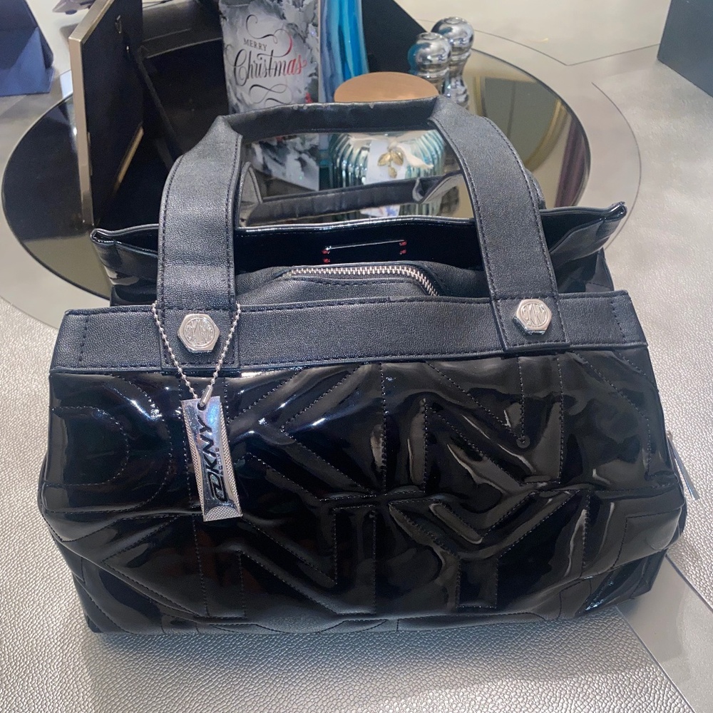 DKNY Black Patent Leather Logo Small Satchel Shoulder Bag